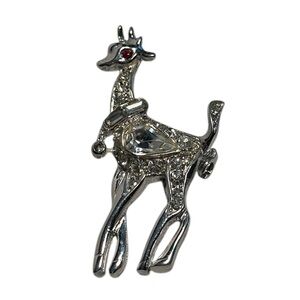 Giraffe Clear Baguette and Rhinestones Red Eye Vintage Silver Tone Brooch Pin